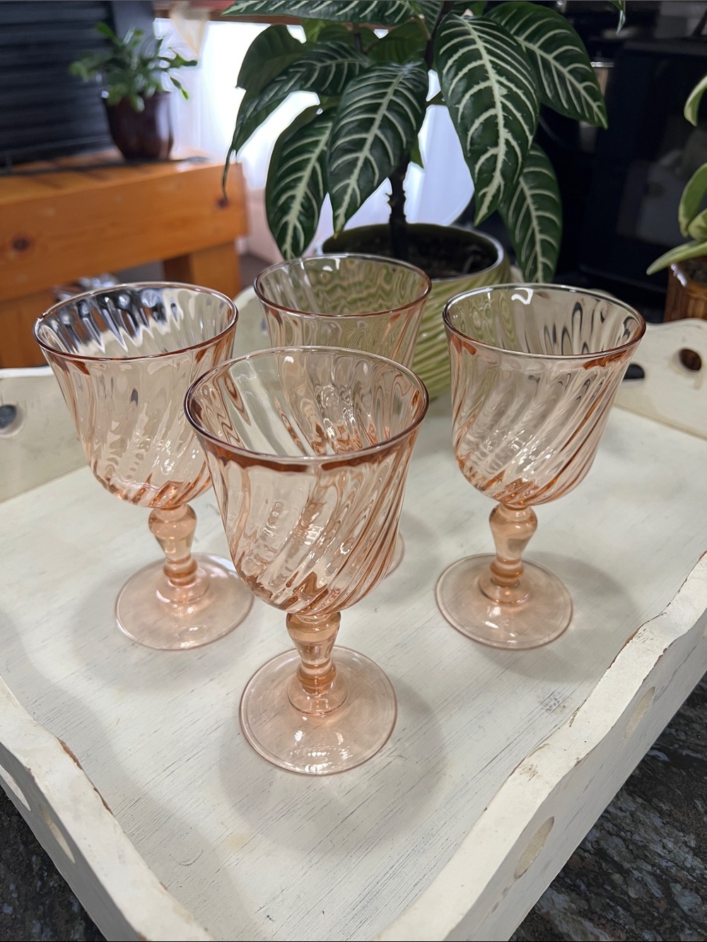 Set of 4 Pink Swirled Glass Goblets Depression Era